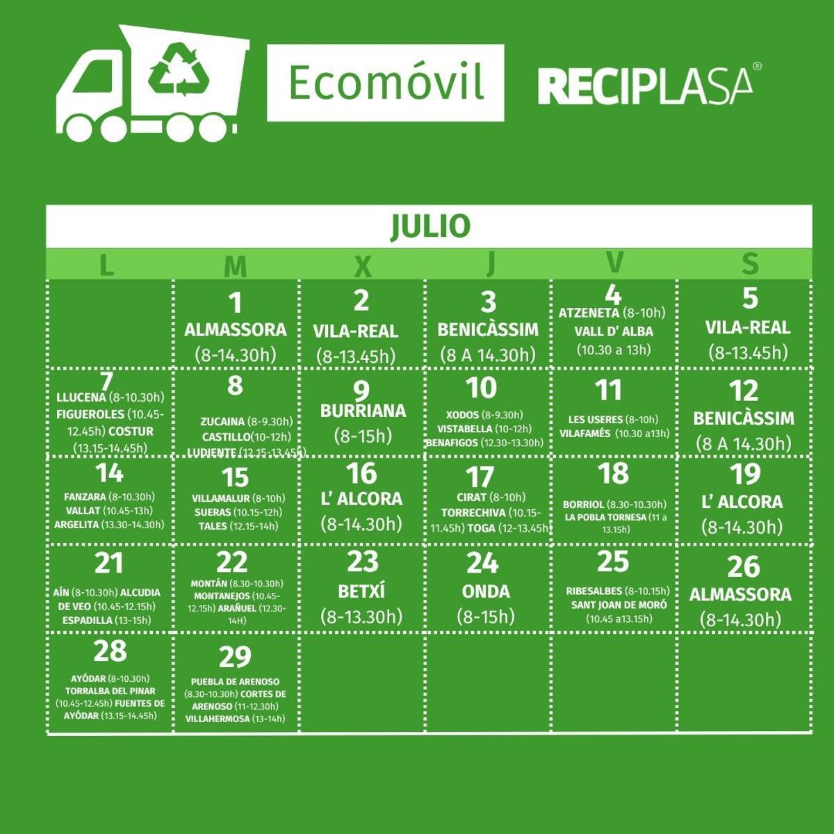 Calendario del ecomóvil de Reciplasa de julio.