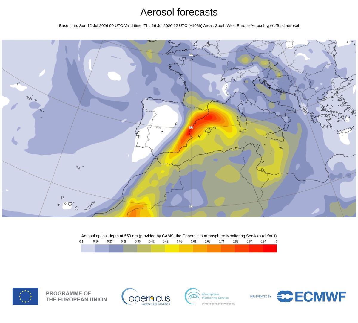 Mapa de contenido total de aerosoles del jueves a mediodia, donde se aprecia la gran cantidad de polvo y otros aerosoles previstos.