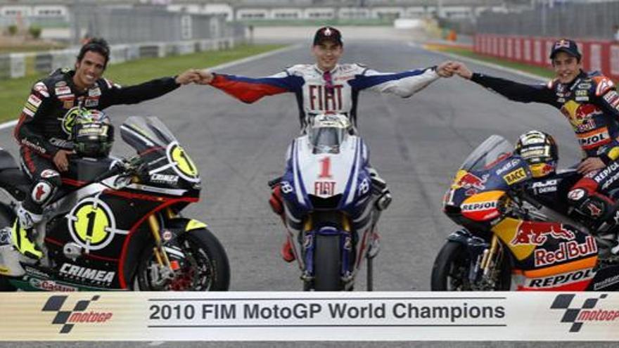 Toni Elías, Jorge Lorenzo y Marc Márquez, campeones del mundo de motociclismo