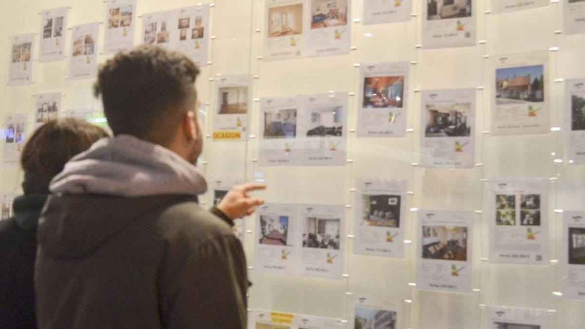 Dos jóvenes miran las ofertas de pisos en alquiler en una inmobiliaria. | R. A. (ARCHIVO)