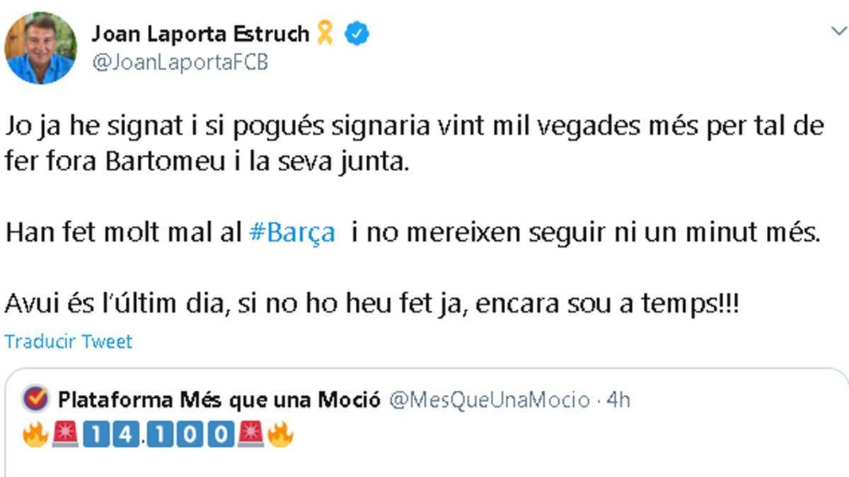 El tuit de Joan Laporta a favor de la moción de censura contra Josep Maria Bartomeu