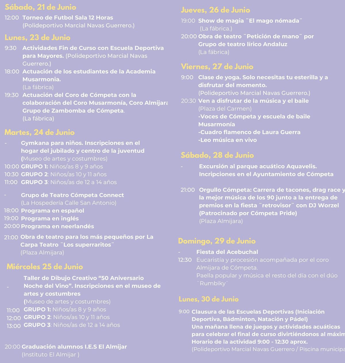 Programa de la semana cultural de Cómpeta