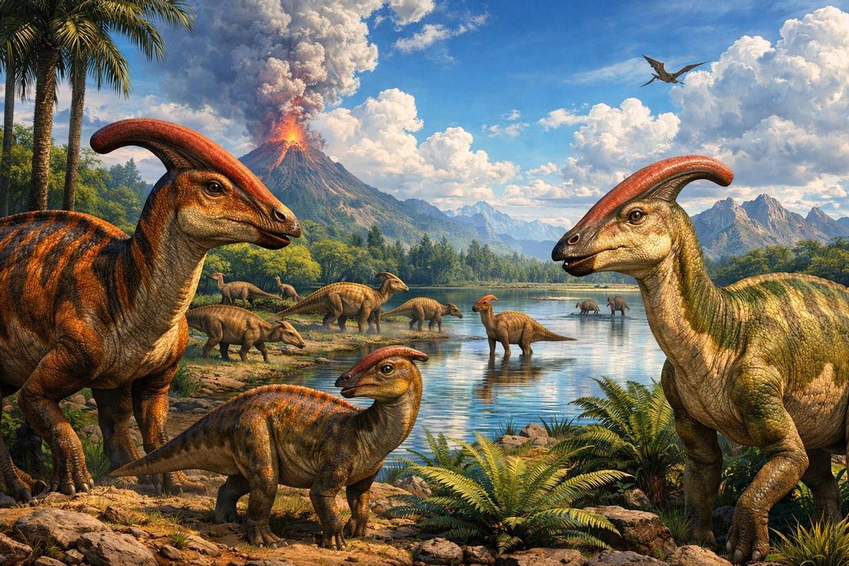 Una manada de parasaurolophus en una recreación elaborada por inteligencia artificial.