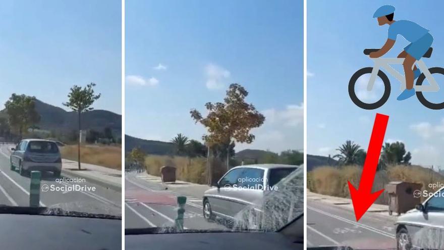 Tres capturas del vídeo donde se ve al coche circulando por el carril bici