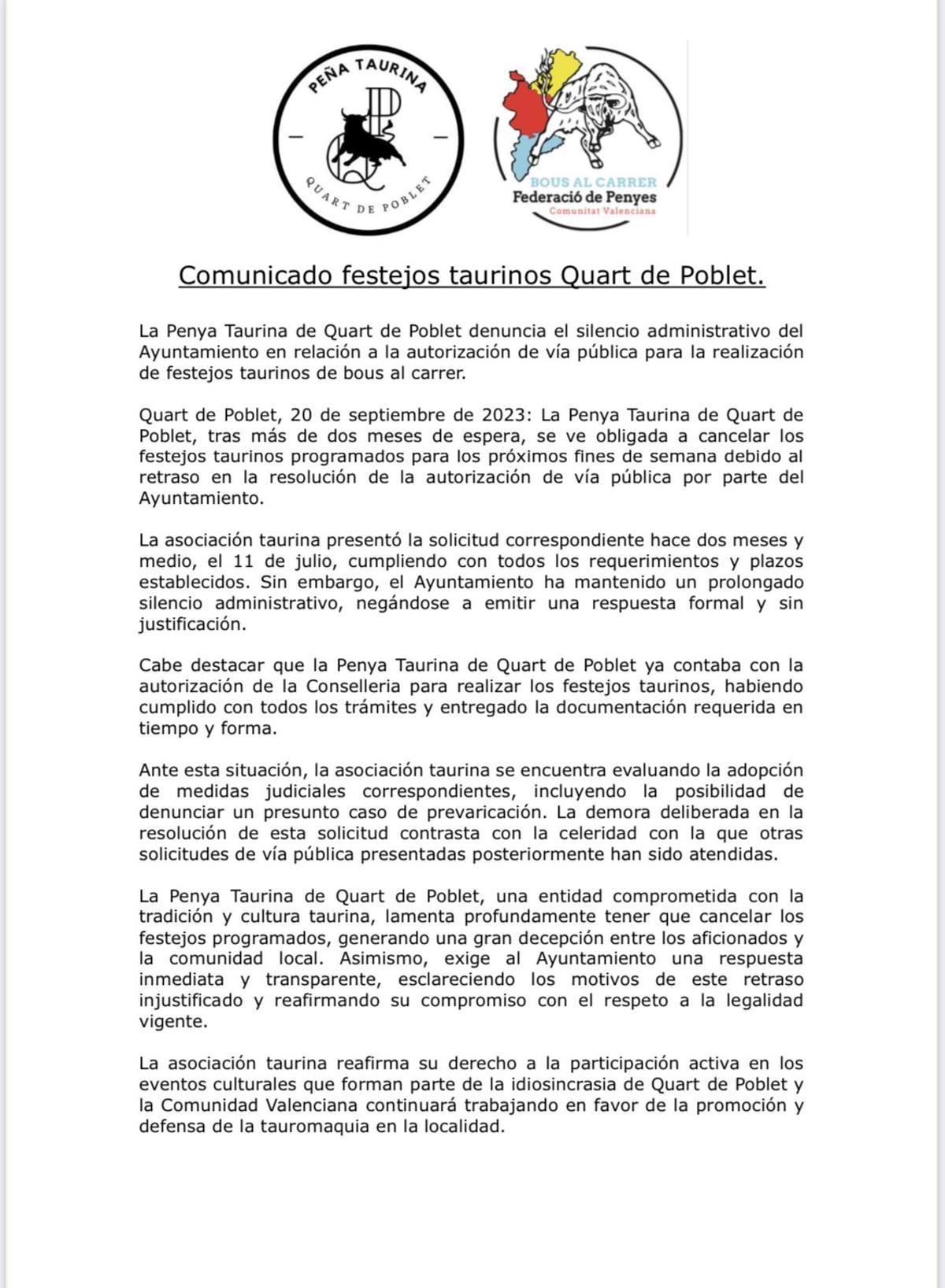 Comunicado emitido por la Peña Taurina Quart de Poblet