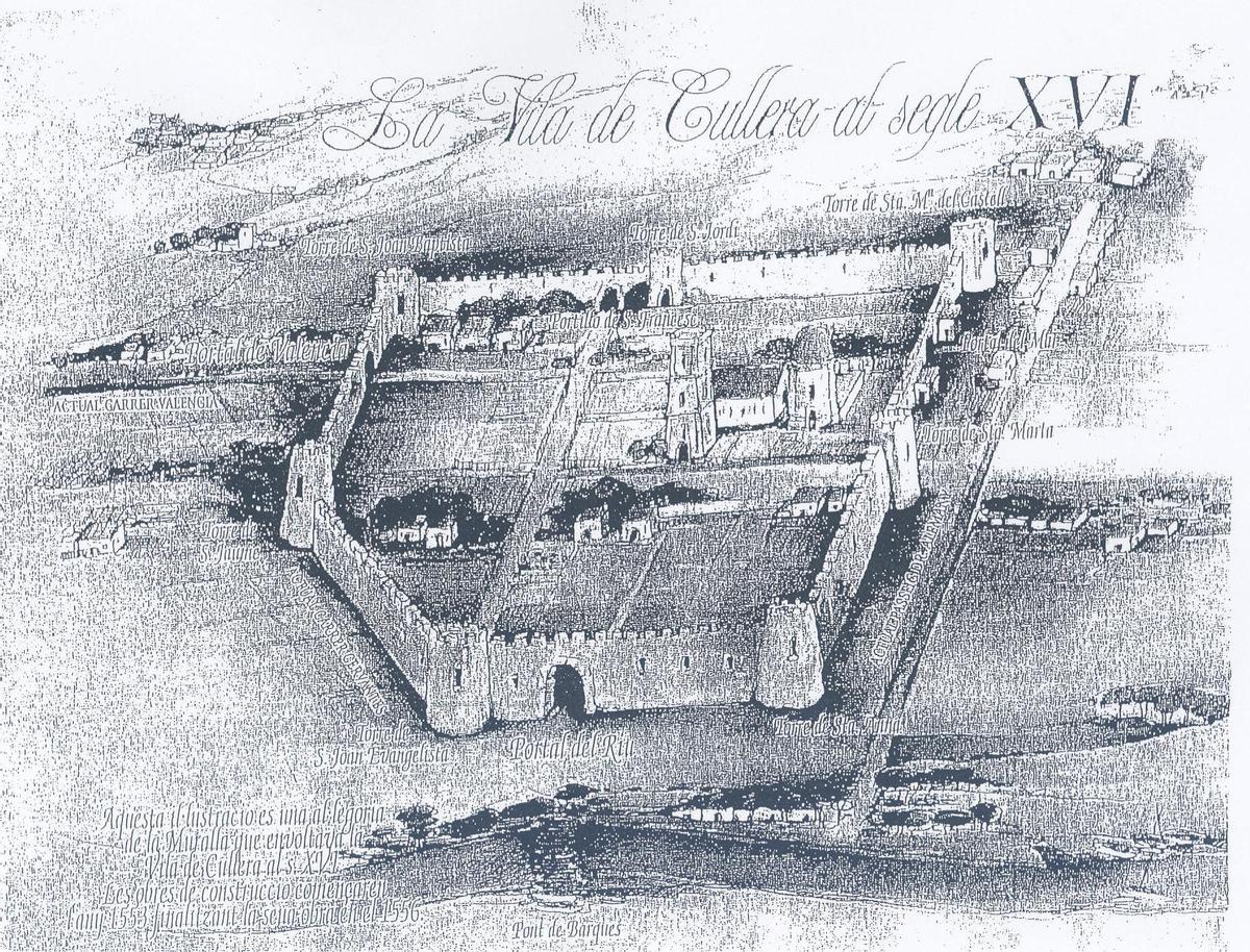 Grabado histórico de la primitiva ciudad amurallada del siglo XVI.