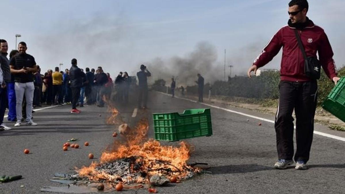 Agricultores arrojan y queman sus productos en la calzada mientras cortan una carretera de Almeria