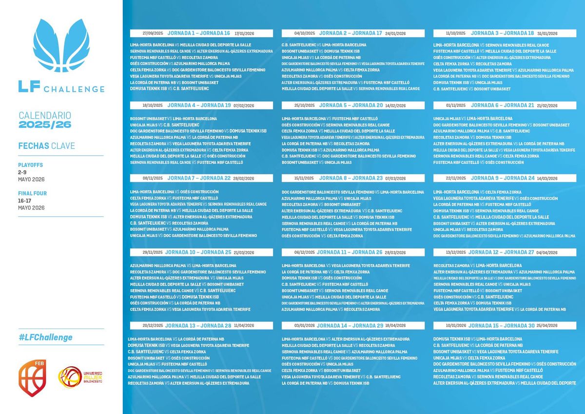 Imagen del calendario completo de Liga Femenina Challenge.