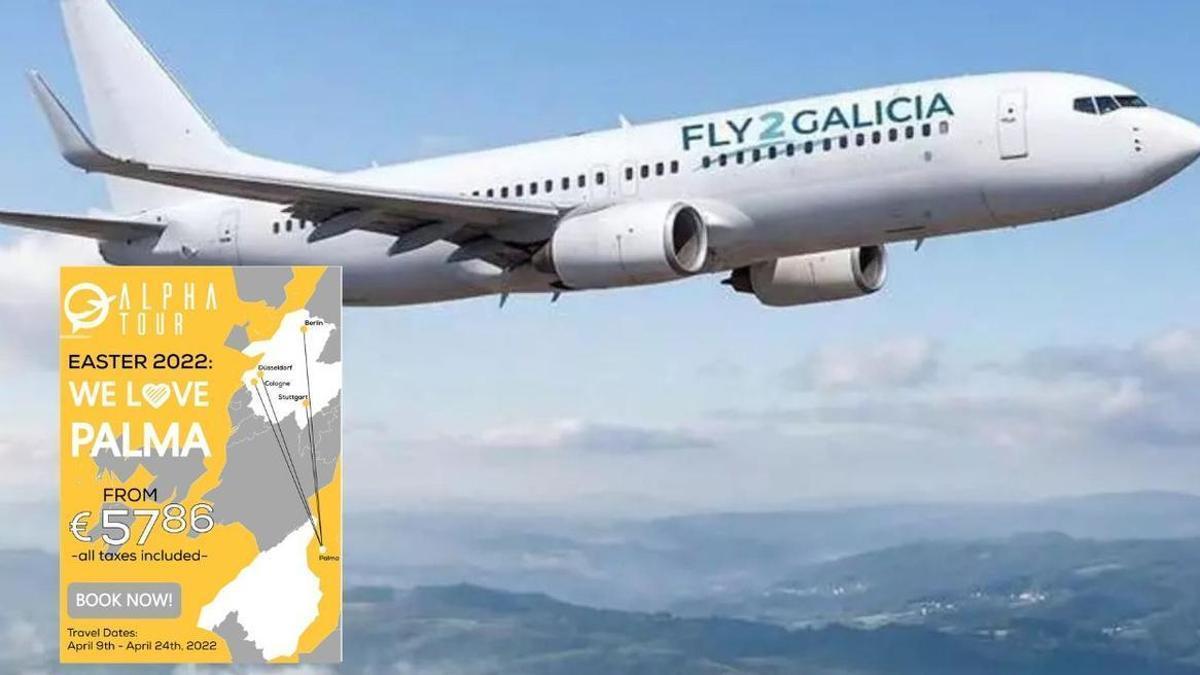 Avión de Fly2Galicia y cartel de Alpha Tour anunciando sus vuelos desde Mallorca
