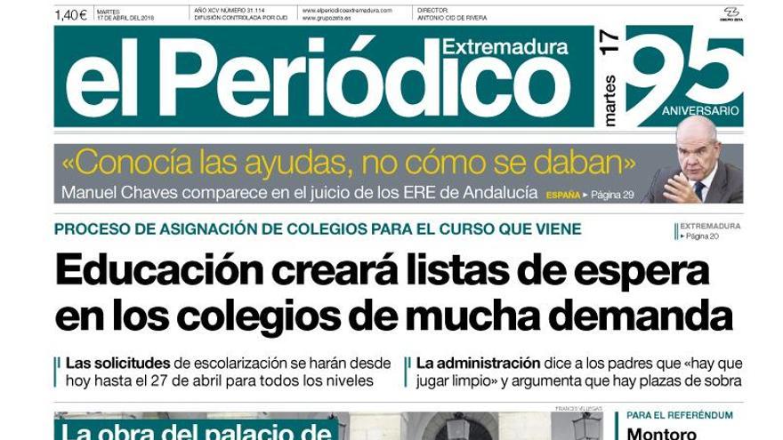 Esta es la portada de EL PERIÓDICO EXTREMADURA correspondiente al día 17 de abril del 2018