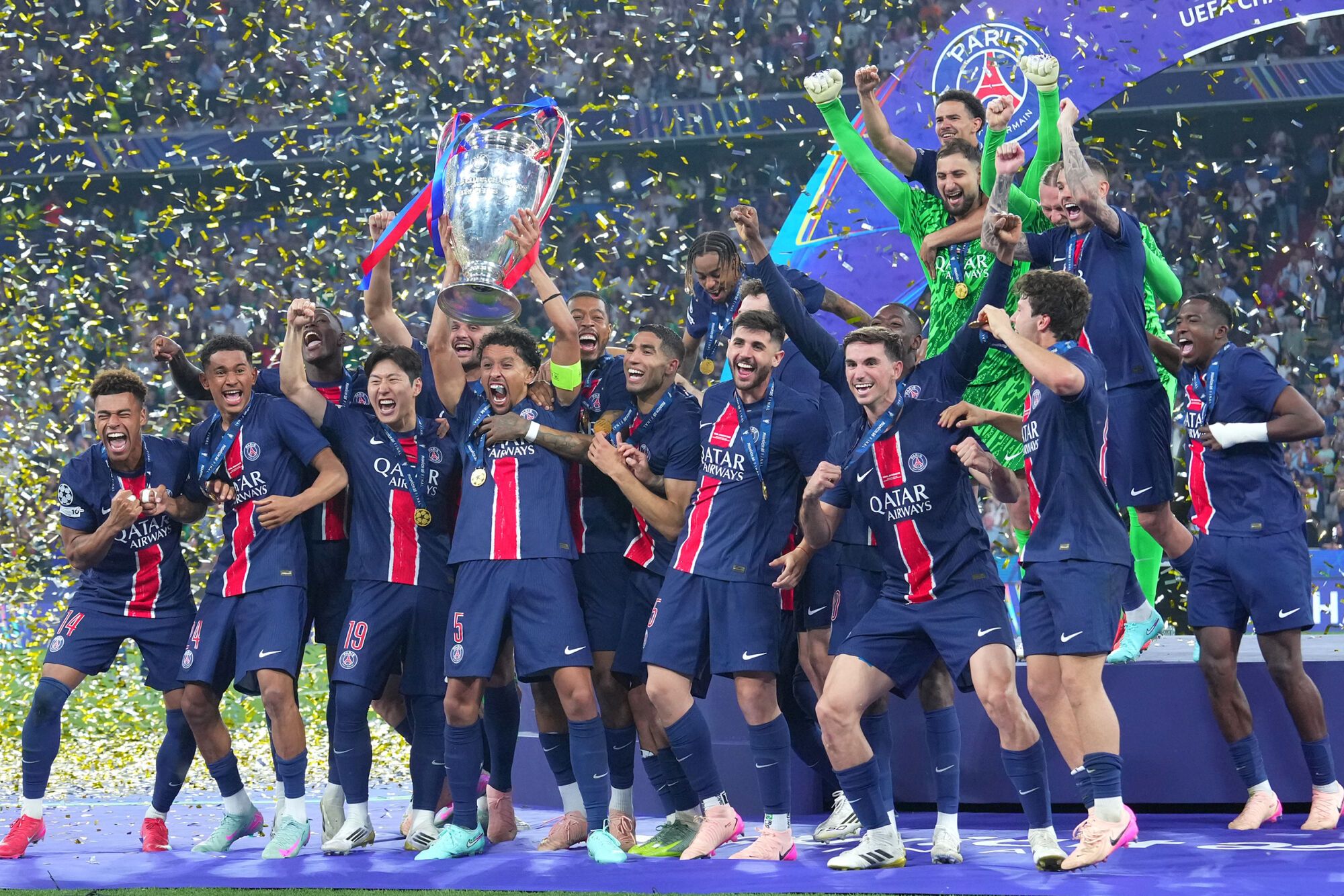 … celebrates winning the trophy after the Uefa Champions League Final soccer match between Paris Saint Germain and FC Inter  at Allianz Arena  in Munich , Germany -  Saturday May 31, 2025 . Sport - Soccer (Photo by Spada/LaPresse)