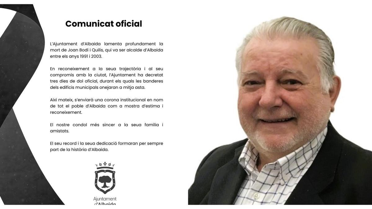 Albaida decreta tres días de luto oficial por el fallecimiento del exalcalde Joan Bodí