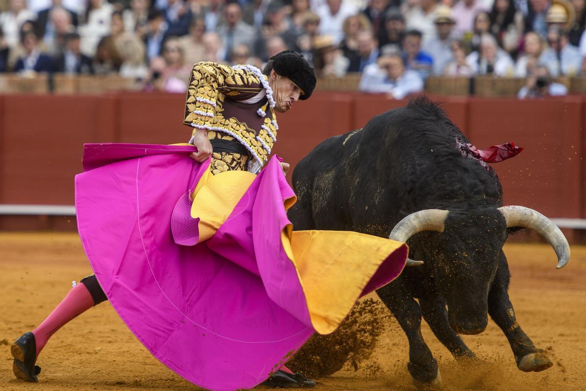 FOTODELDÍA SEVILLA, 24/04/2026. - El diestro Daniel Luque con su primer toro en el decimocuarto festejo de abono de la Feria de Abril de Sevilla, este viernes en la Real Maestranza. EFE/ Raúl Caro.