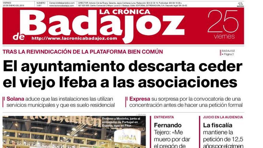 Esta es la portada de LA CRÓNICA DE BADAJOZ correspondiente al día 25 de enero del 2019