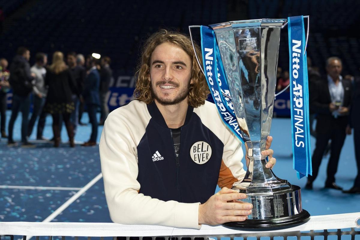 Stefanos Tsitsipas of Greece celebrates with his trophy during the Nitto ATP World Tour Finals 2019, Masters tennis tournament on November 17, 2019 at the O2 Arena in London, England - Photo Martin Cole / ProSportsImages / DPPI