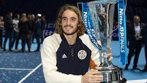 Stefanos Tsitsipas of Greece celebrates with his trophy during the Nitto ATP World Tour Finals 2019, Masters tennis tournament on November 17, 2019 at the O2 Arena in London, England - Photo Martin Cole / ProSportsImages / DPPI