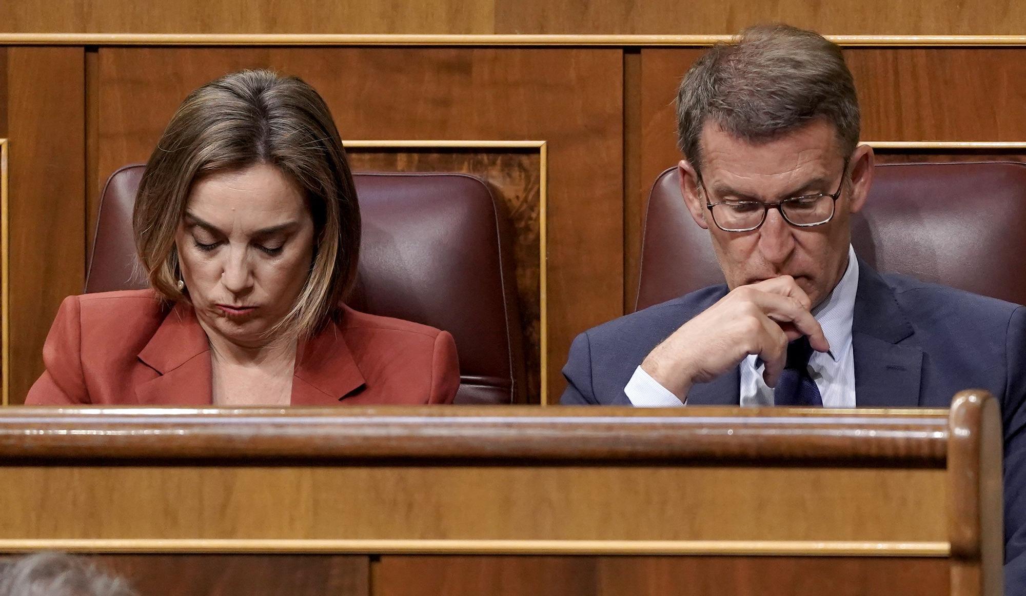 Alberto Núñez Feijóo y Cuca Gamarra en el Congreso de los Diputados durante la visita de Gustavo Petro.