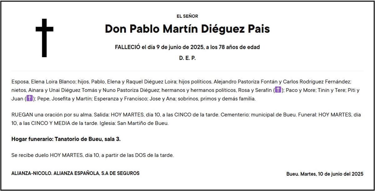 Esquela de Pablo Diéguez Pais, en Faro de Vigo.