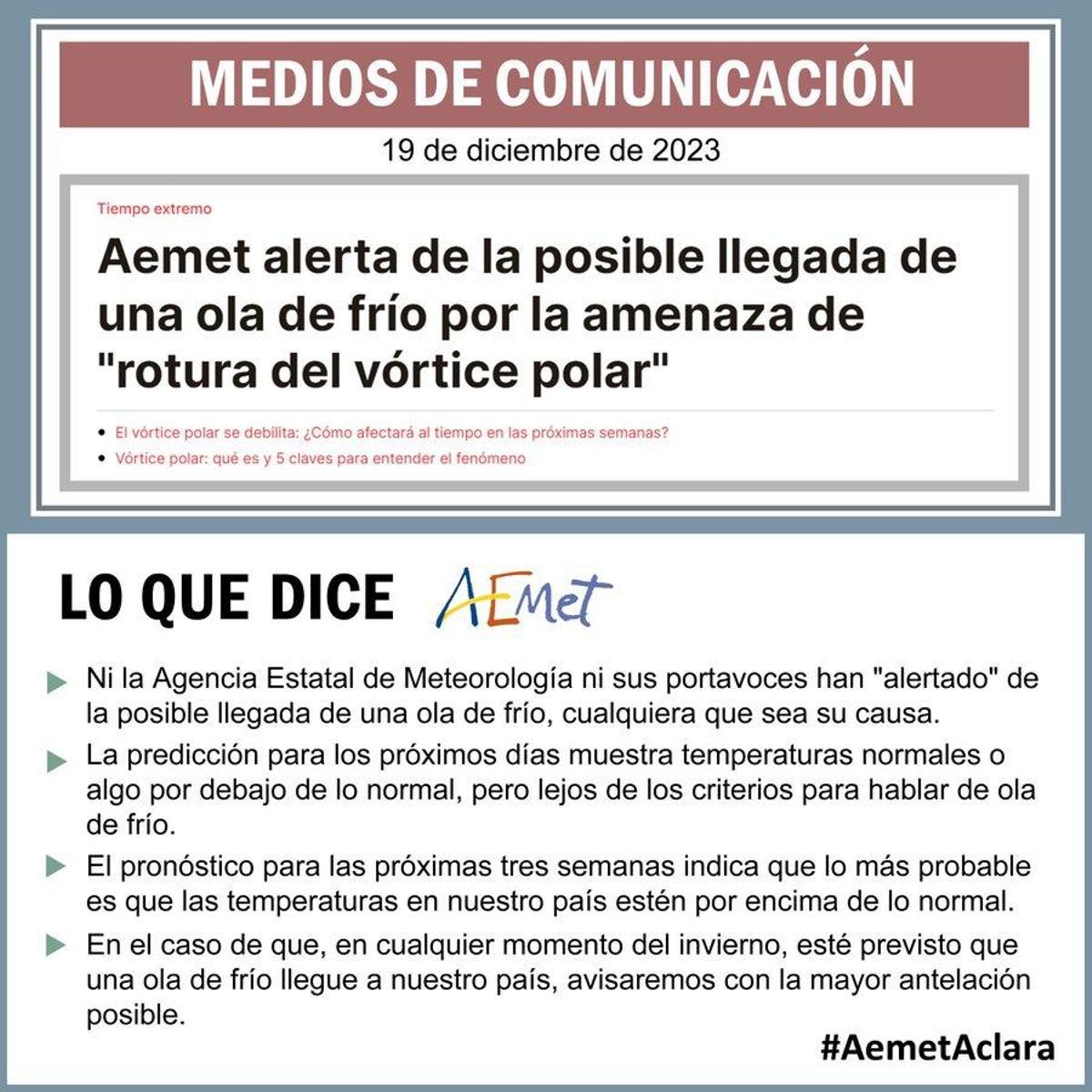 Comunicado de la Aemet respecto a la ola de frío de la que hablan algunos medios.