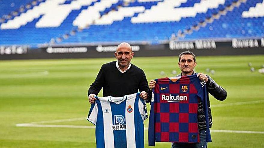 Abelardo Fernández i Ernesto Valverde, ahir a l&#039;RCDE Stadium.