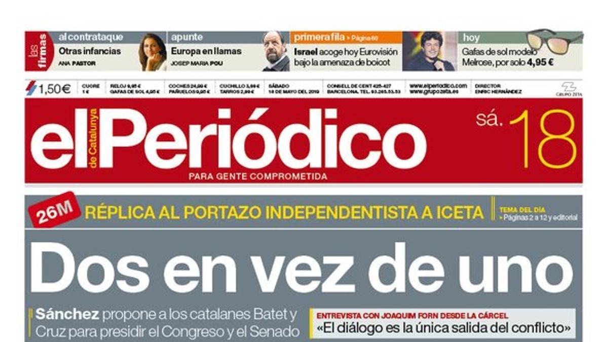 La portada de EL PERIÓDICO del 18 de mayo del 2019