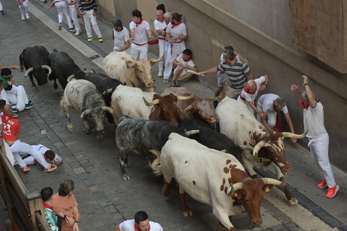 Los Cebada Gago recorren unidos un rápido segundo encierro de los Sanfermines 2026.