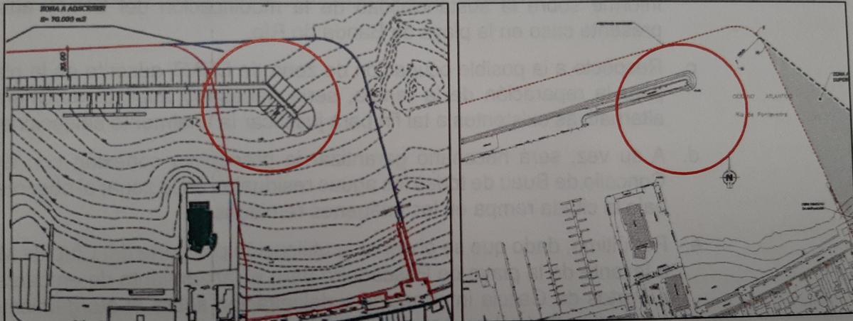 Los planos de la obra del dique de abrigo. A la izquierda, tal como estaba proyectado inicialmente, con un remate en diagonal, y a la derecha tal como se ejecutó, completamente recto.