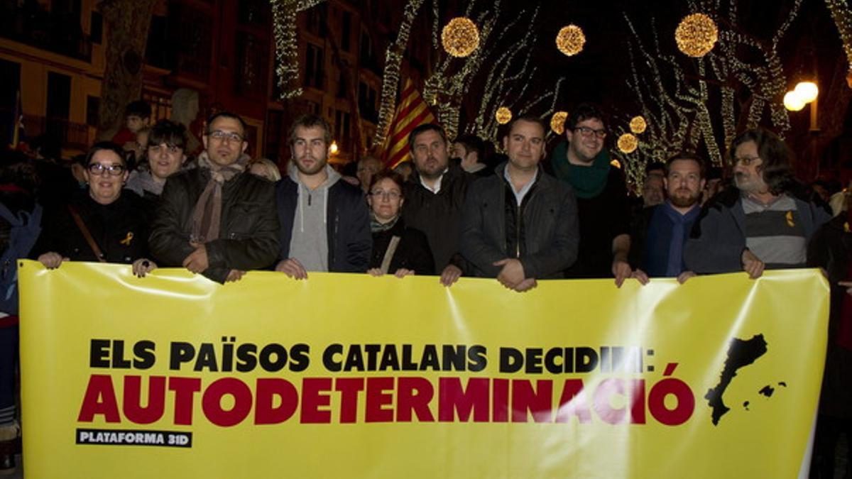 Oriol Junqueras (centro), el presidente de ERC en Mallorca, Joan Lladó (cuarto por la derecha), y el secretario general del Partit Socialista de Mallorca, Biel Barceló (segundo por la izquierda) participan en la manifestación independentista.
