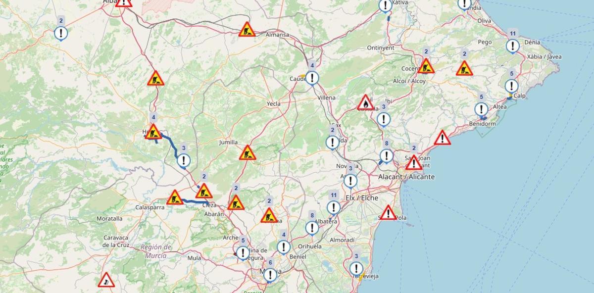 El mapa de las incidencias de tráfico hoy en la provincia de Alicante.