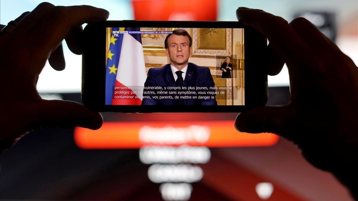 zentauroepp52812988 french president emmanuel macron is seen addresses the natio200316203615