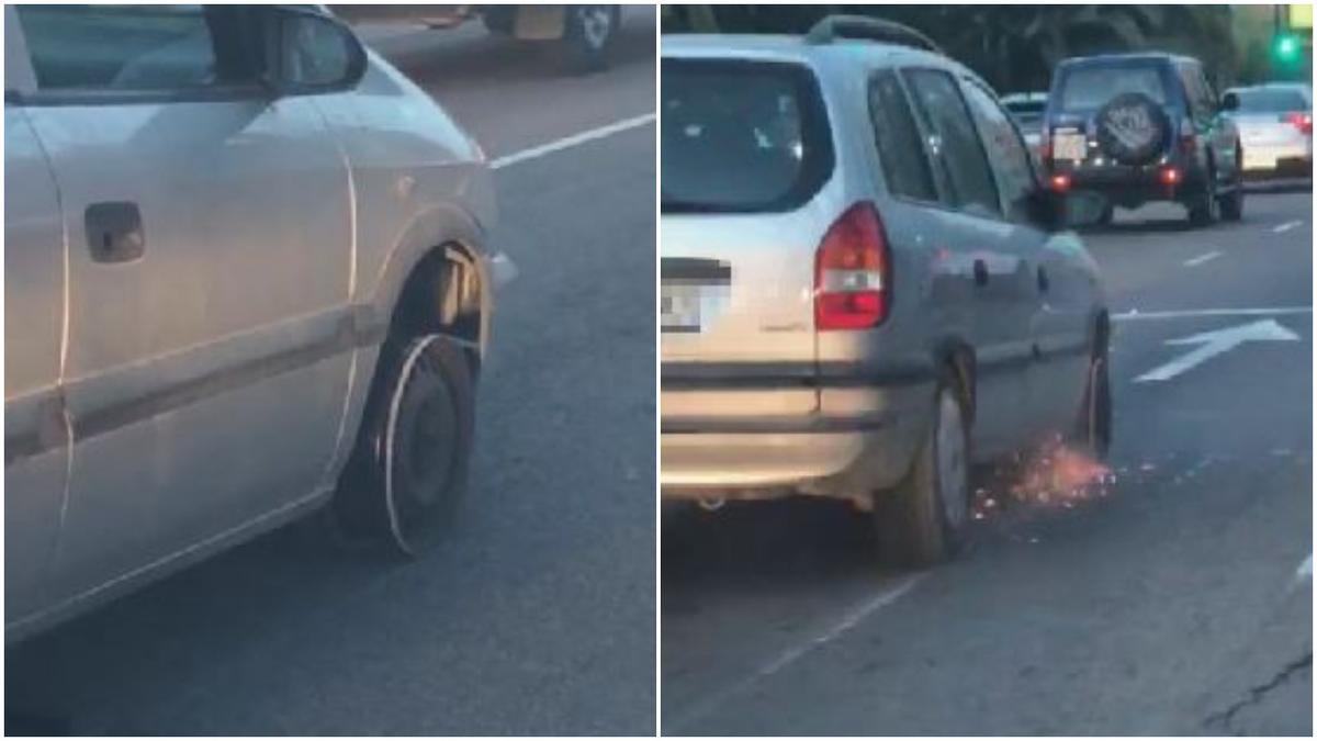 La surrealista imagen de un coche circulando con la llanta sin neumático en València