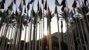 Un hombre camina junto a banderas durante la Conferencia de las Naciones Unidas sobre el Cambio Climático (COP28), en Dubai, Emiratos Árabes Unidos, el 3 de diciembre de 2023.