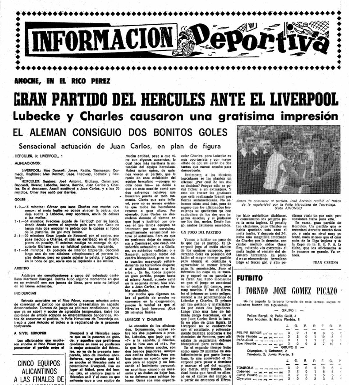 Recorte de la edición de INFORMACIÓN del 27 de mayo de 1976, con la crónica del Hércules 3-Liverpool 1