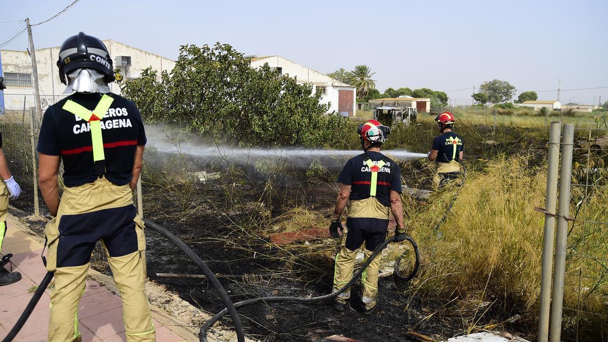 Bomberos de Cartagena sofocan un incendio de matorral causado por el calor.