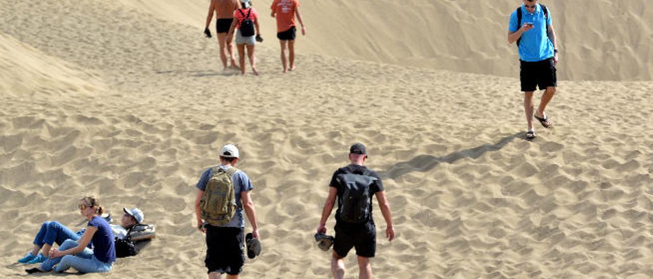 Un grupo de turistas camina por las dunas de Maspalomas.