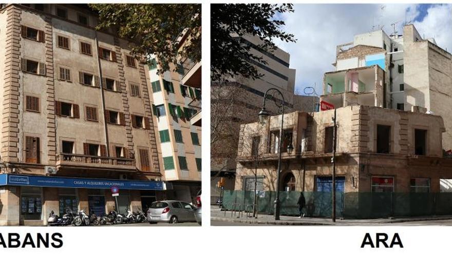 Antes y después del edificio del passeig Mallorca en fase de demolición