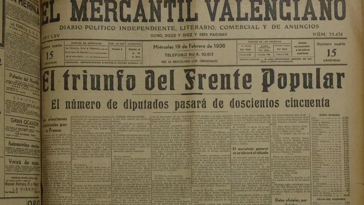 Portada de El Mercantil Valenciano, en la que se informaba de la victoria del Frente Popular.