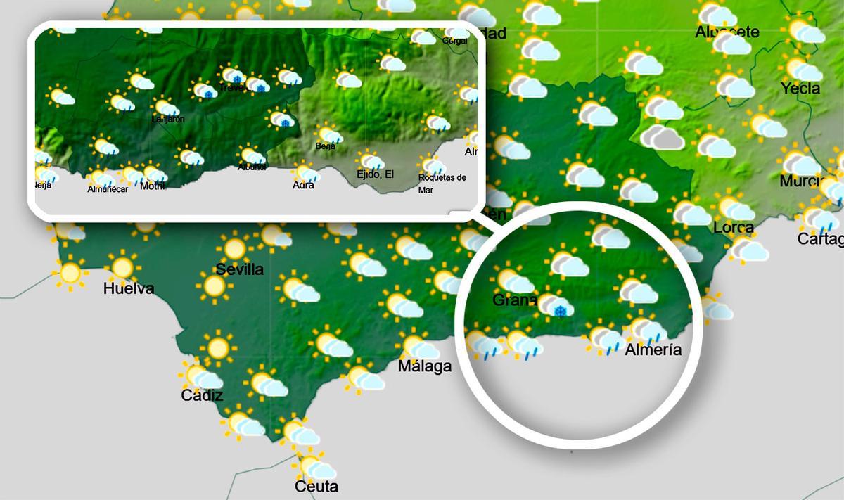 Mapa de Aemet con las posibles lluvias débiles en Andalucía oriental el Domingo de Ramos.