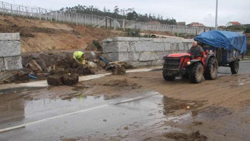 Un obrero intenta limpiar el cierre, tras la riada que llegó a la carretera. Al fondo, la plantación.  // J.L.Oubiña