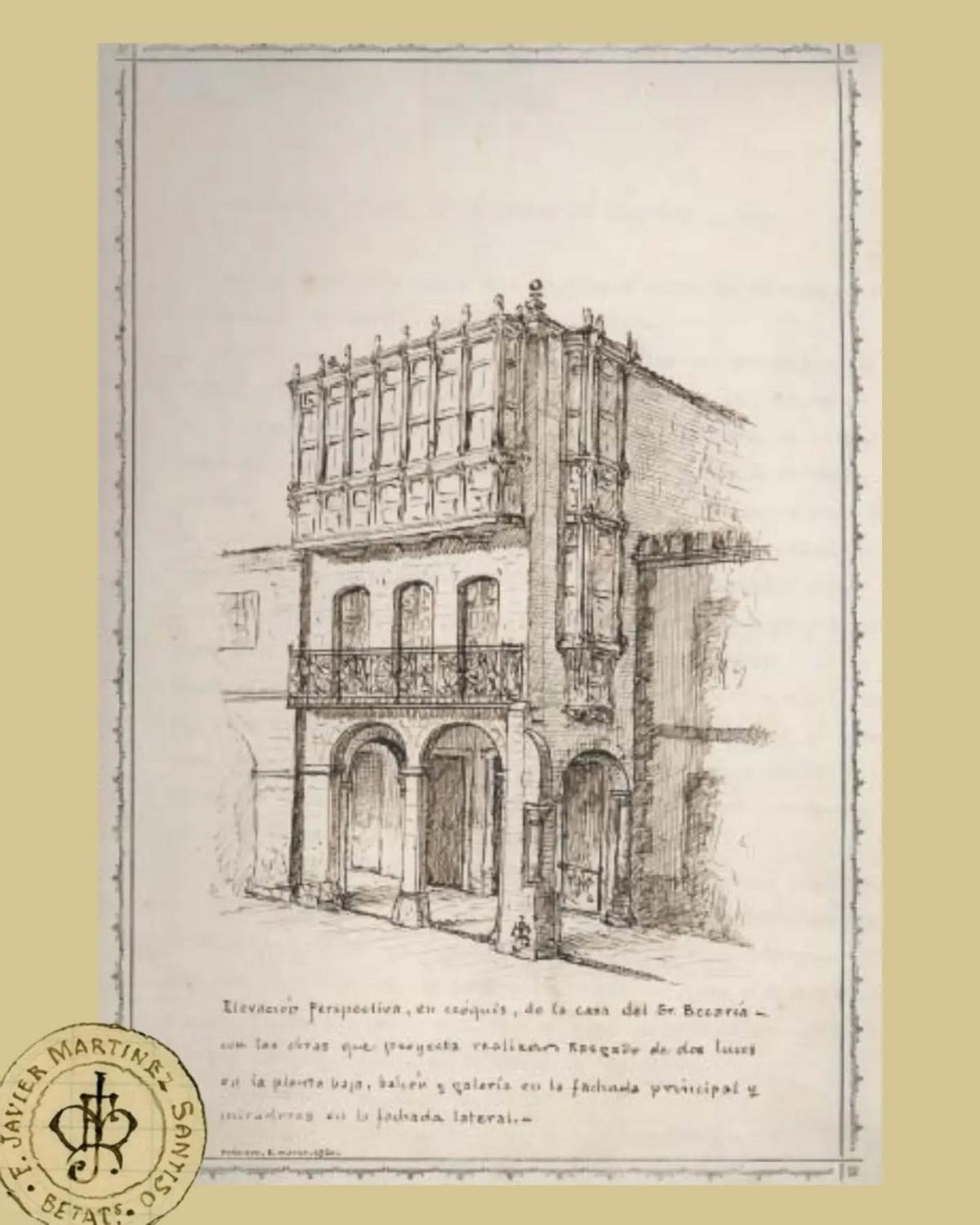 Dibujo de Martínez Santiso de un edificio de Betanzos
