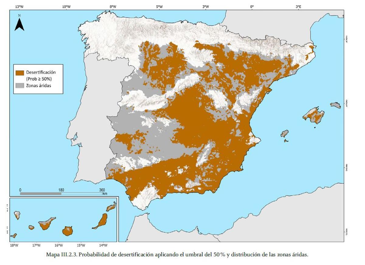 Mapa que muestra la probabilidad de desertificación