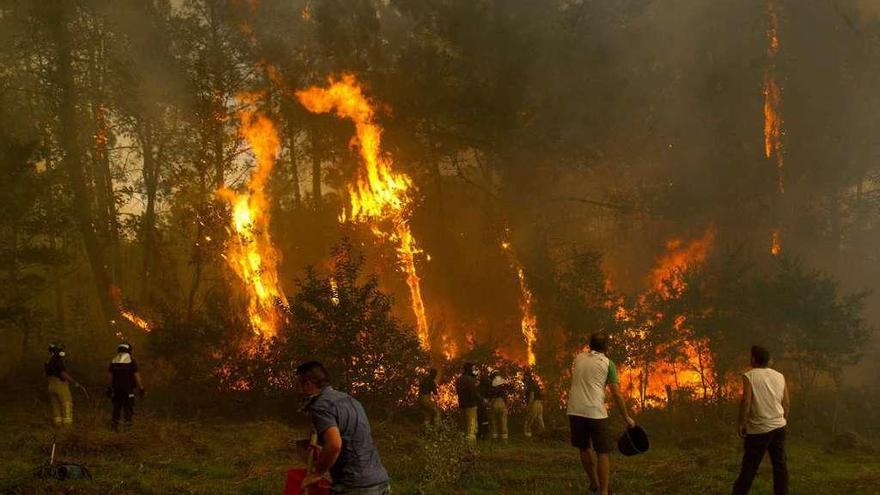 Vecinos intentan apagar un incendio en la zona de Zamáns, en Vigo, el pasado mes de octubre.