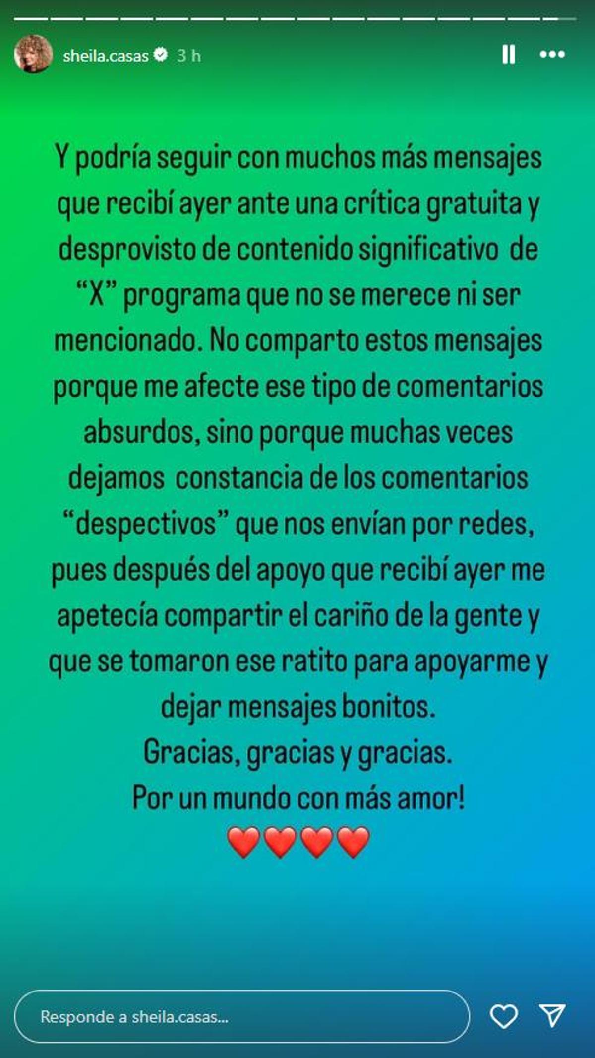 Sheila Casas envía un mensaje a 'Socialité'