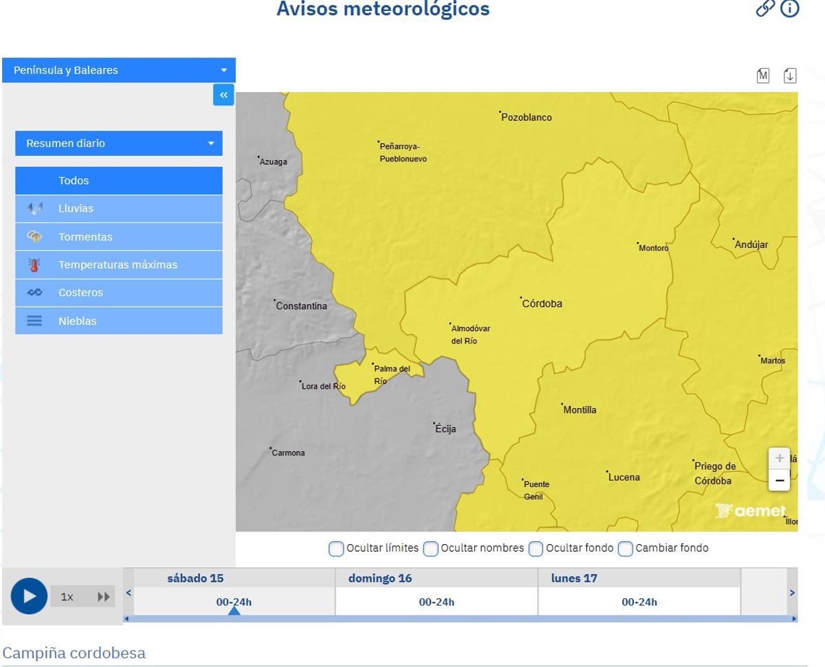 Toda la provincia de Córdoba está en aviso amarillo, hoy sábado 15 de agosto.