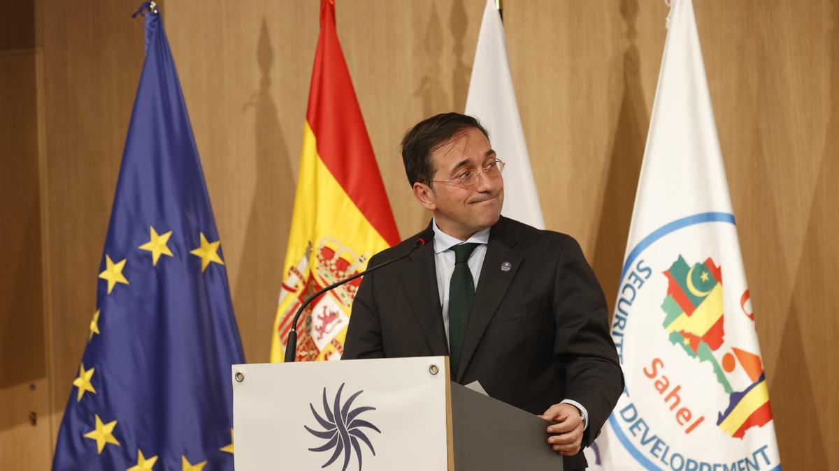 El ministro de Asuntos Exteriores, Unión Europea y Cooperación, José Manuel Albares, durante la rueda de prensa posterior a la III Asamblea General de la Alianza Sahel en Madrid.