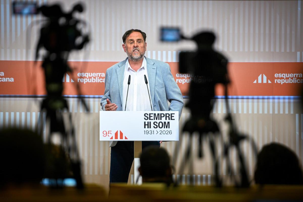 El líder de ERC, Oriol Junqueras, este lunes en rueda de prensa.