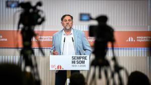 El líder de ERC, Oriol Junqueras, este lunes en rueda de prensa.