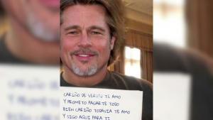 Montaje con una imagen de Brad Pitt y un texto dirigido a la víctima, en una foto incorporada en la denuncia.