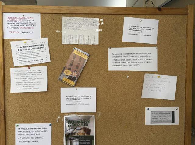Numerosos anuncios de alquiler de pisos y habitaciones en un tablón del campus.