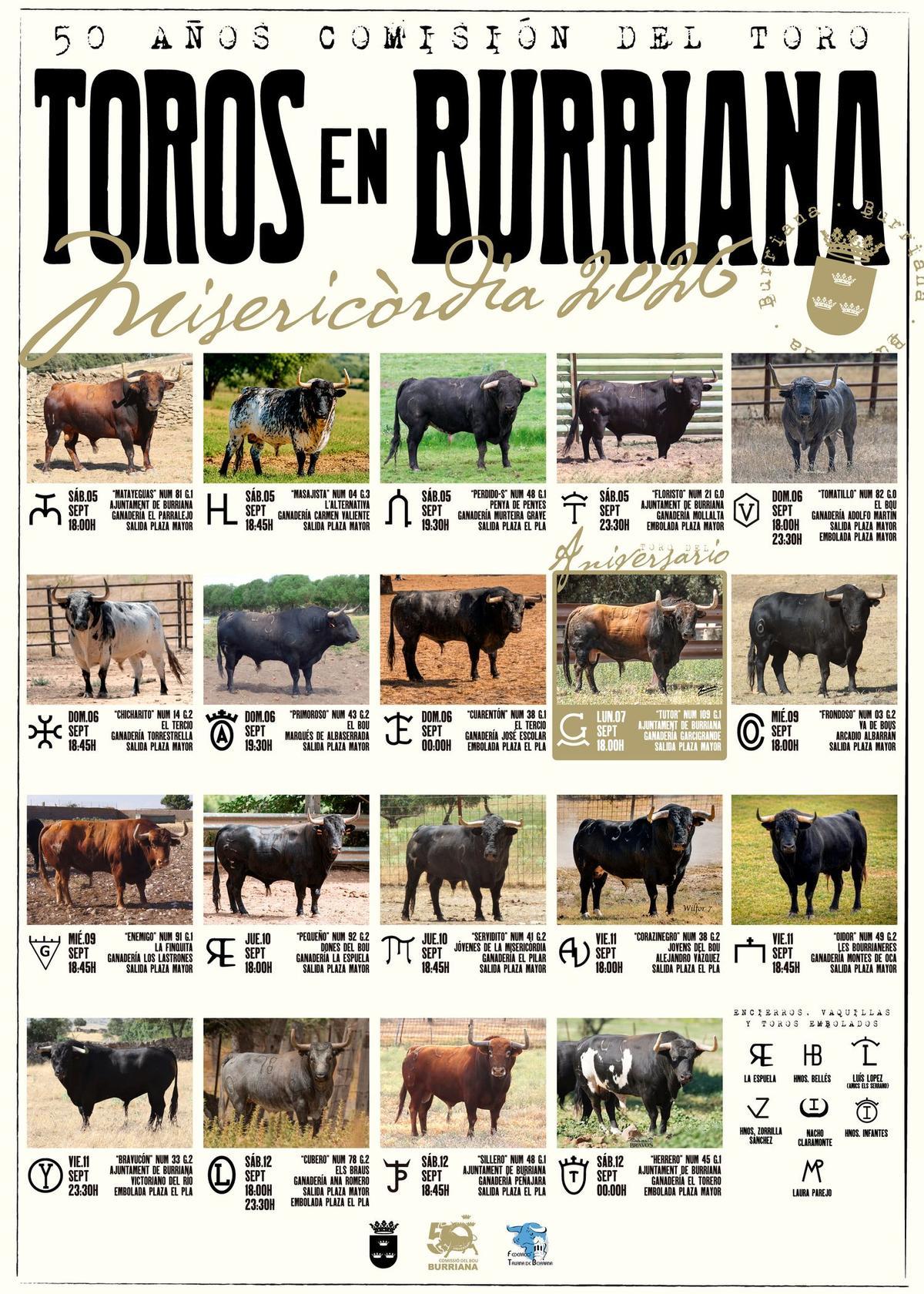 El cartel taurino de las fiestas de la Misericòrdia de Burriana 2026.